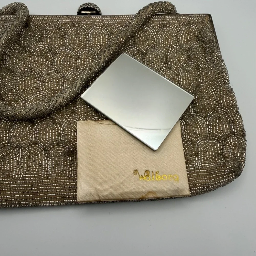 Walborg Vintage Beaded Evening Bag Champagne Gold Scalloped Japan Kiss Lock